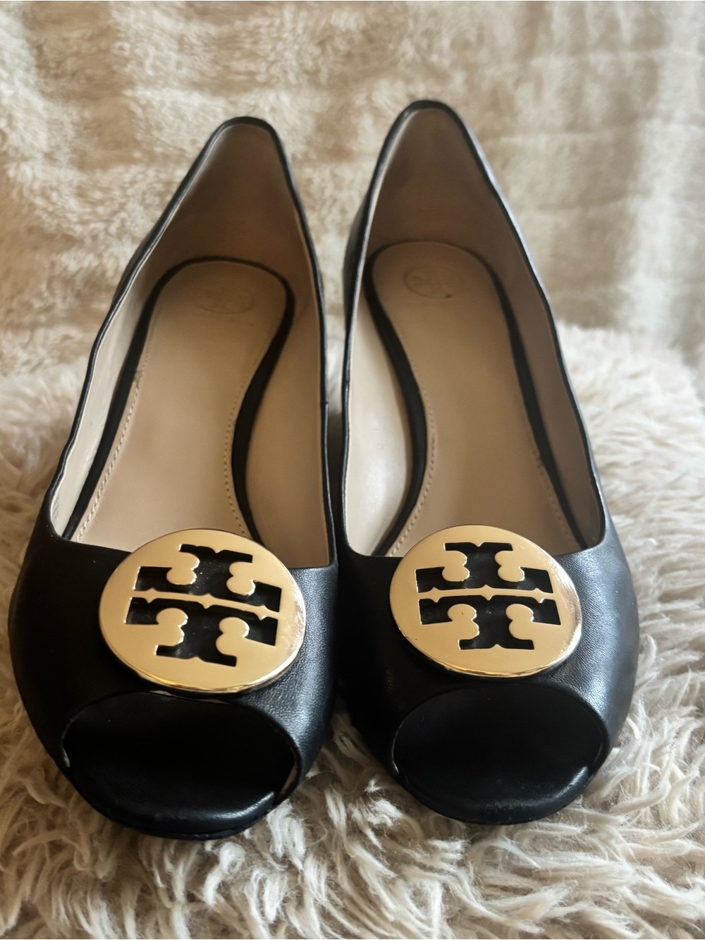 Tory Burch Black Leather Peep-Toe Wedge Heels with Gold Logo Medallion Size 11